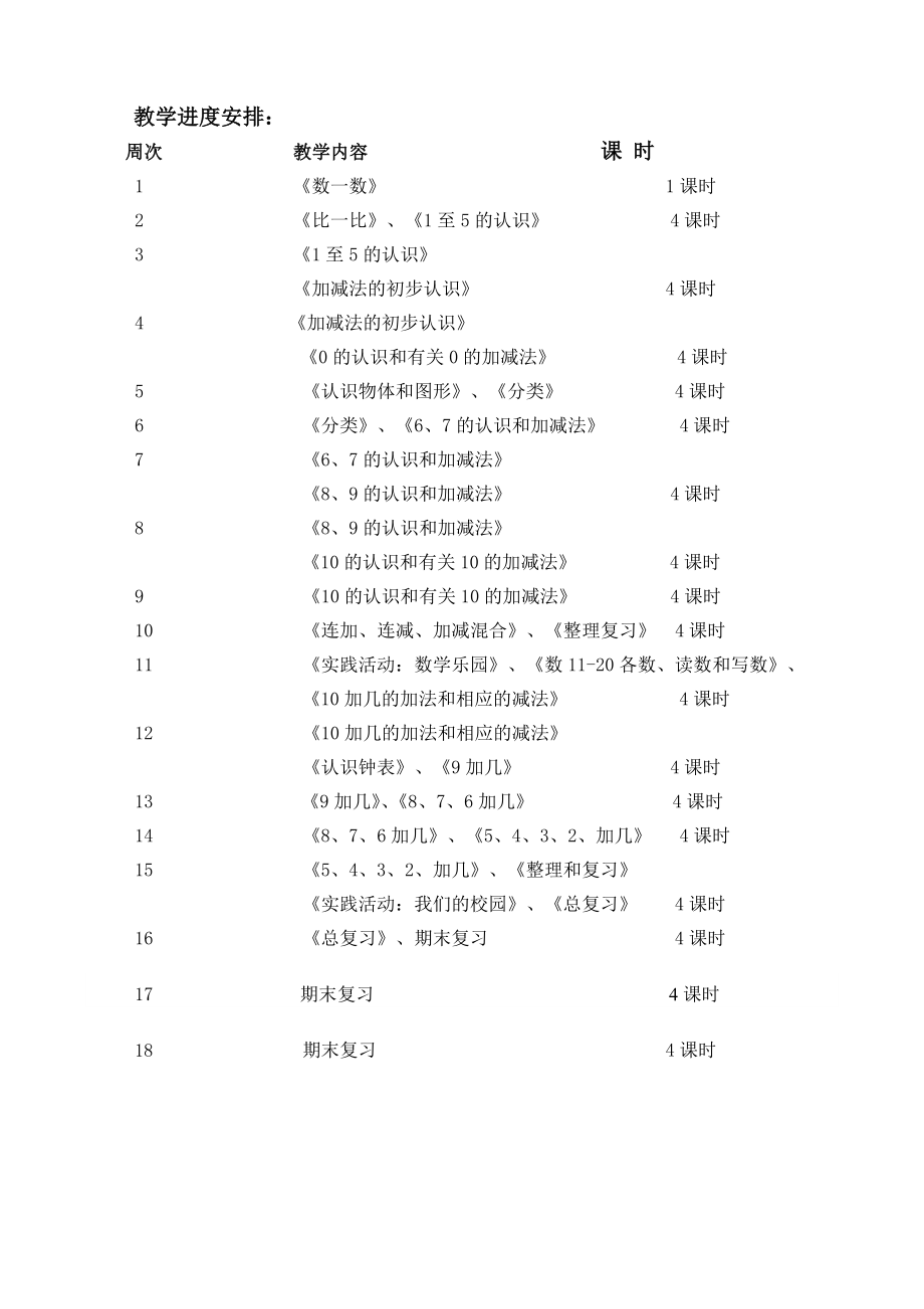 人教版新课标一年级数学上册教学计划.doc