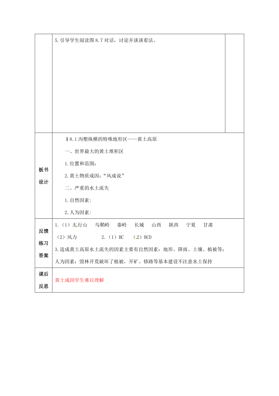 八年级地理下册8.1沟壑纵横的特殊地形区——黄土高原教案（1）（新版）新人教版（新版）新人教版初中八年级下册地理教案.doc