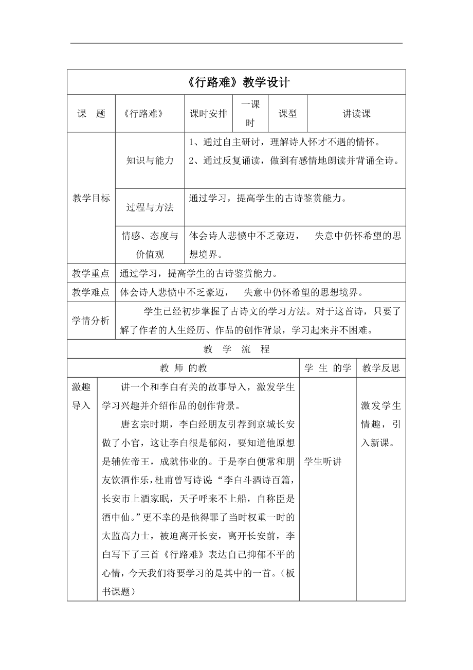 语文版初中语文九年级下册第30课《诗词五首》《行路难》教学设计.doc