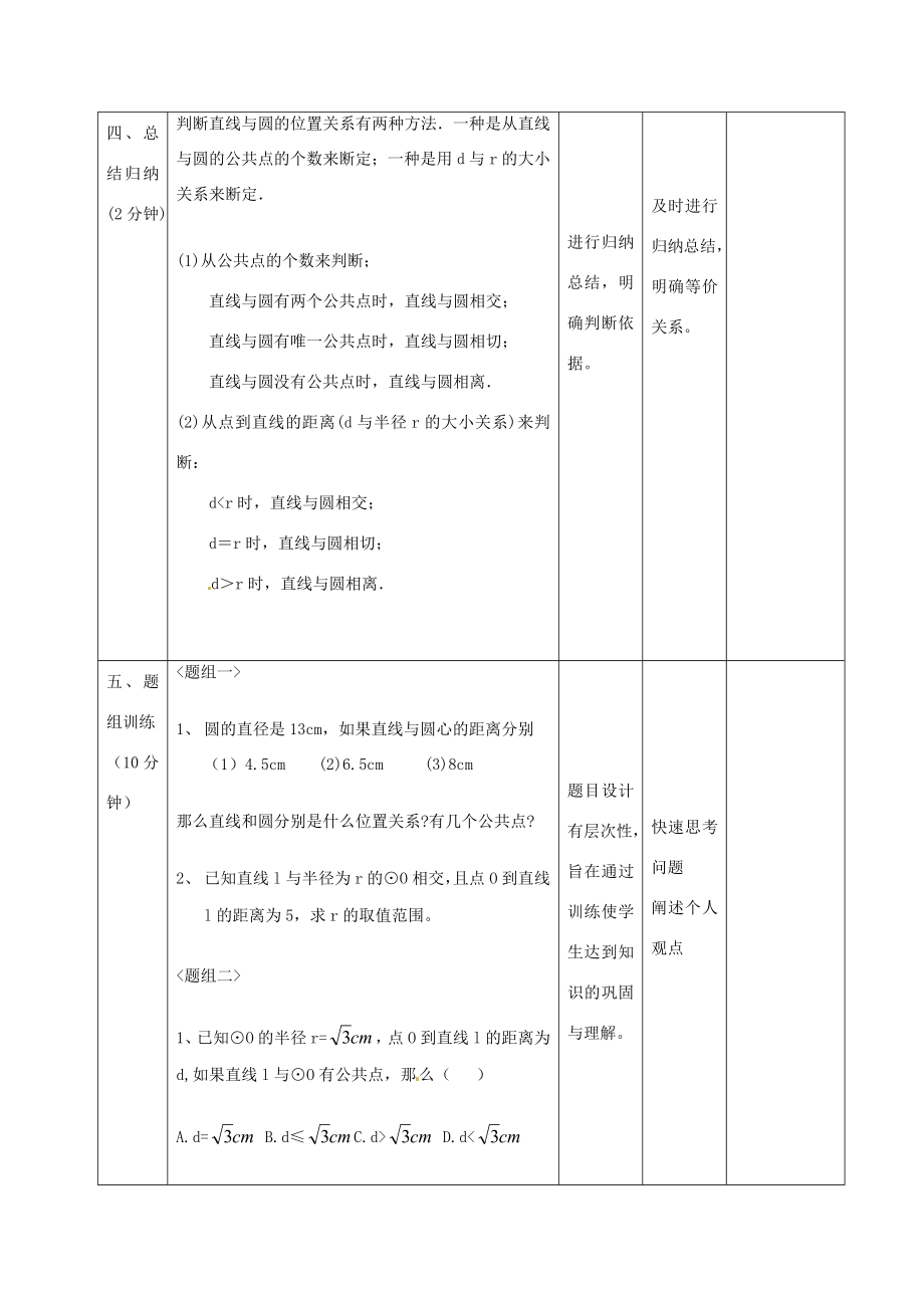 辽宁省瓦房店市第八初级中学九年级数学上册《24.2.2直线和圆的位置关系》教学设计人教新课标版.doc