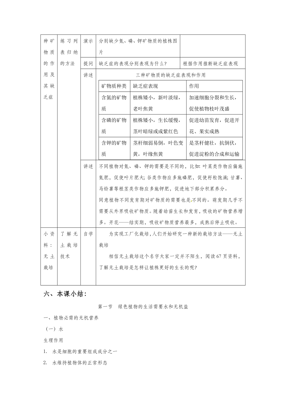 初中生物《第一节绿色植物的生活需要水和无机盐》教案2（第一课时）.doc