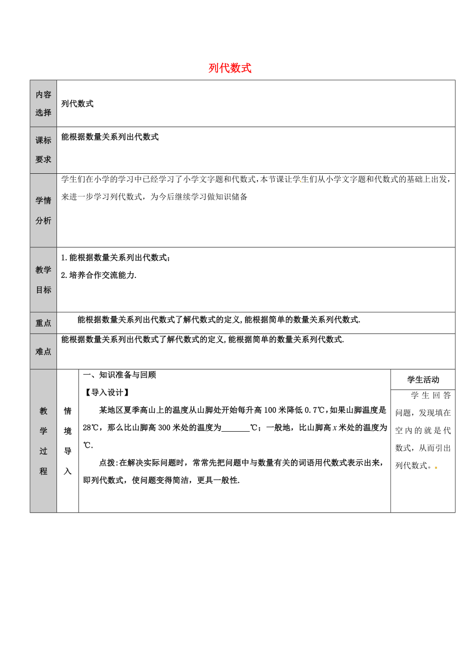 吉林省长春净月高新技术产业开发区七年级数学上册第3章整式的加减3.1列代数式3.1.3列代数式教案（新版）华东师大版（新版）华东师大版初中七年级上册数学教案.doc