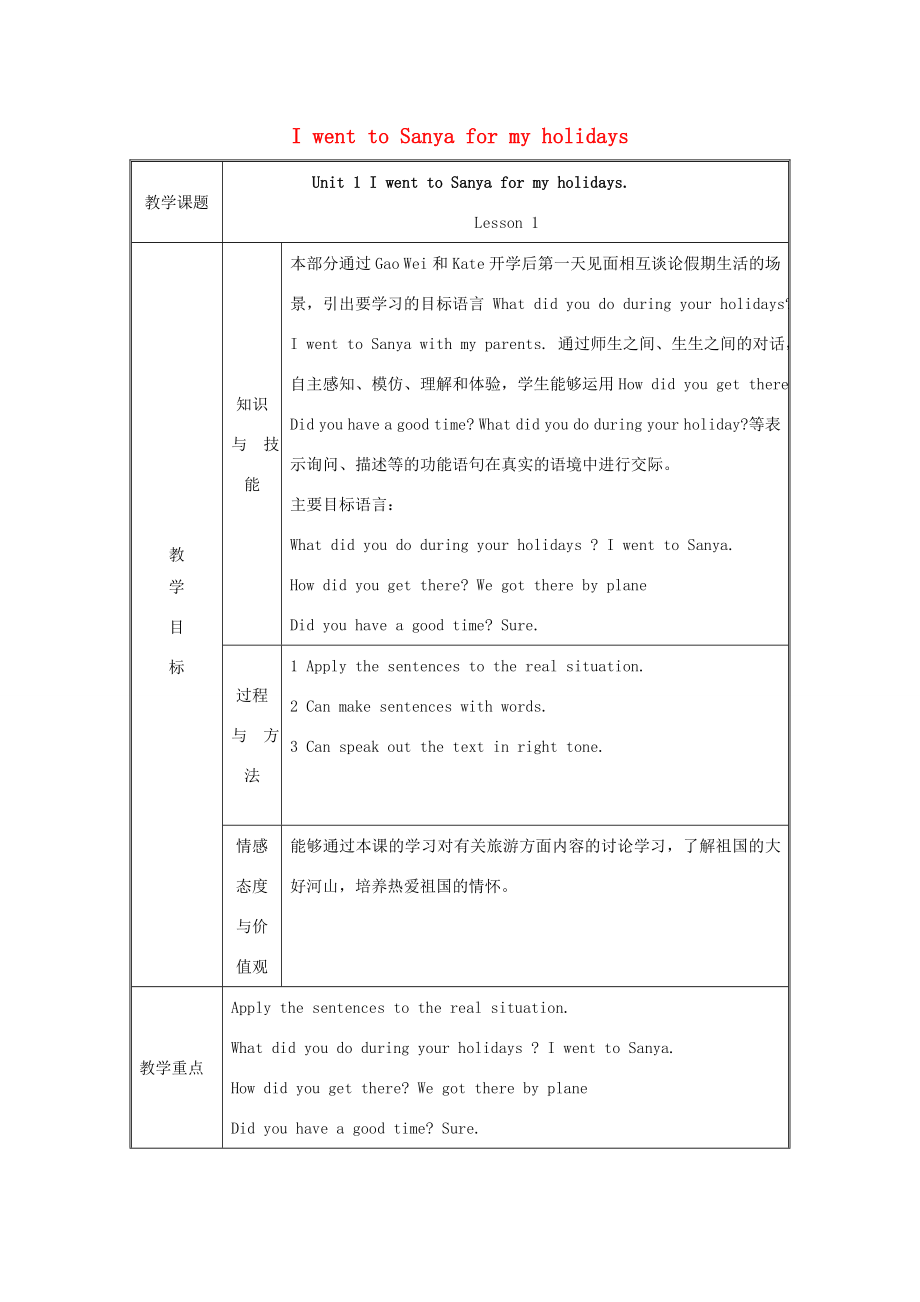 六年级英语下册Unit1《IwenttoSanyayholidays》（lesson1）教案人教精通版（三起）人教版小学六年级下册英语教案.doc