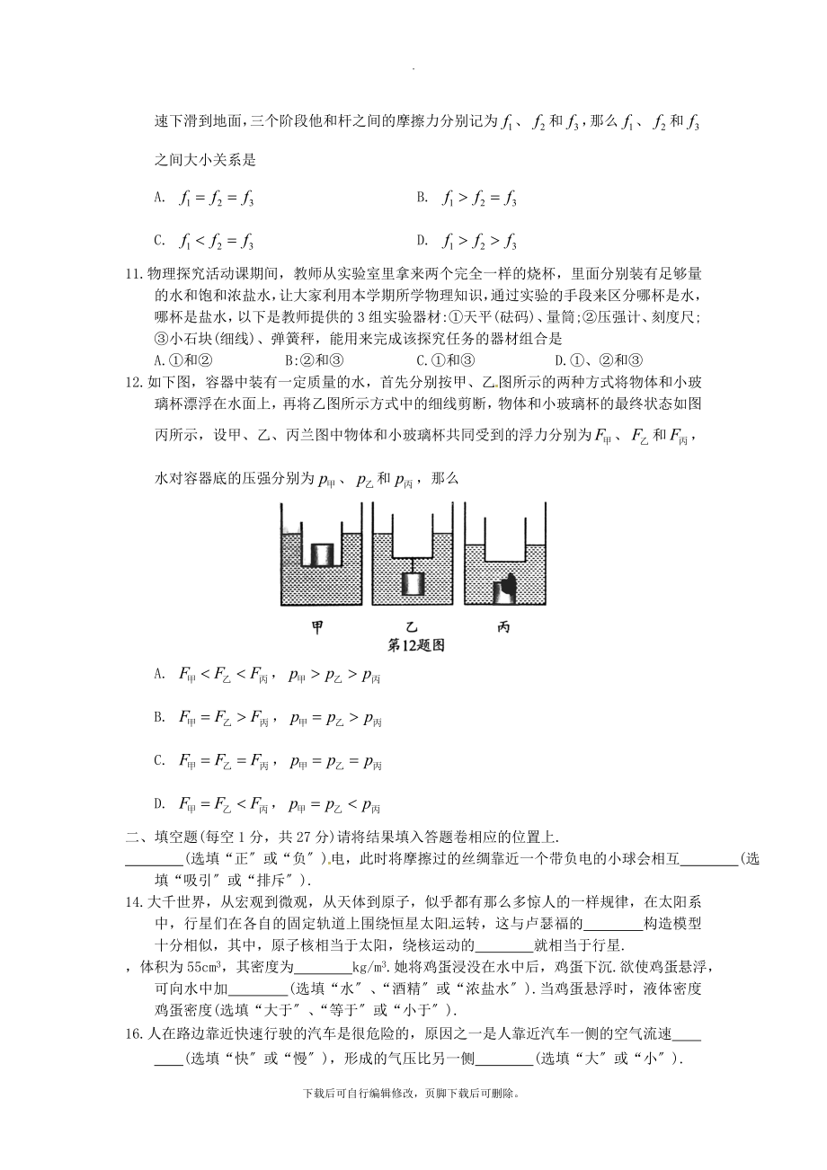 江苏省苏州市昆山、太仓市202X_202X八年级物理下学期期末教学质量调研测试试题（无答案）苏科版.doc