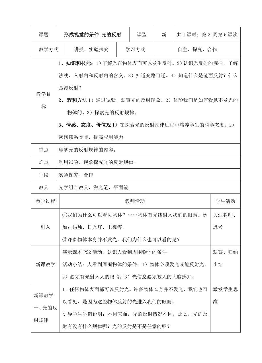 八年级科学下2.1形成视觉的条件—光的反射教案华东师大版.doc