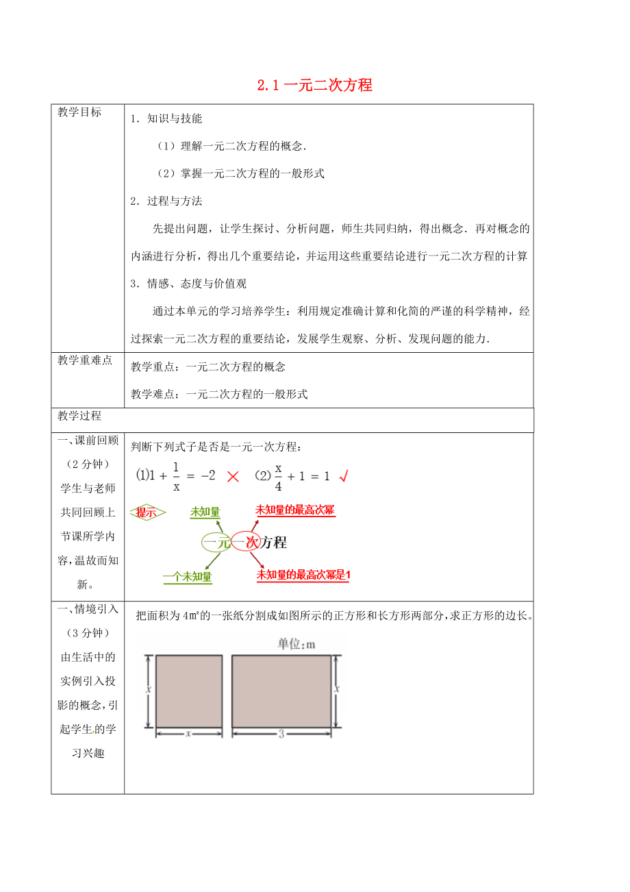 八年级数学下册第2章一元二次方程2.1一元二次方程教案（新版）浙教版（新版）浙教版初中八年级下册数学教案.doc