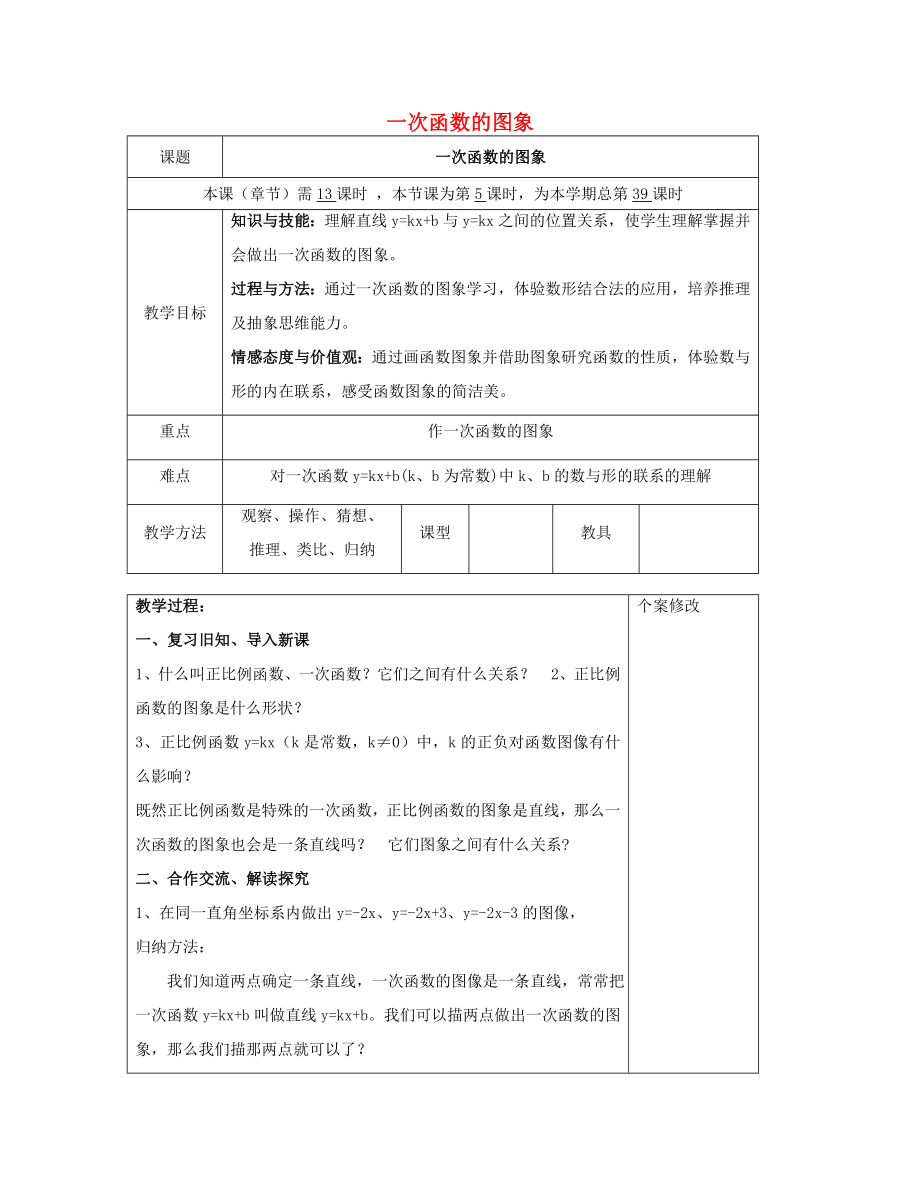 八年级数学下册4.3一次函数的图象（二）教案（新版）湘教版.doc