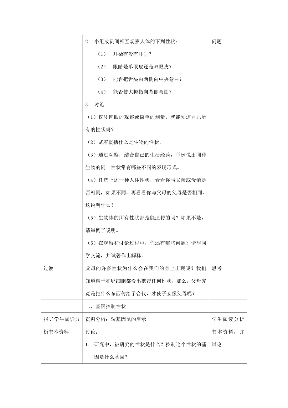 八年级生物下册第七单元生物圈中生命的延续和发展第二章生物的遗传和变异第一节基因控制生物的性状教案1（新版）新人教版（新版）新人教版初中八年级下册生物教案.doc