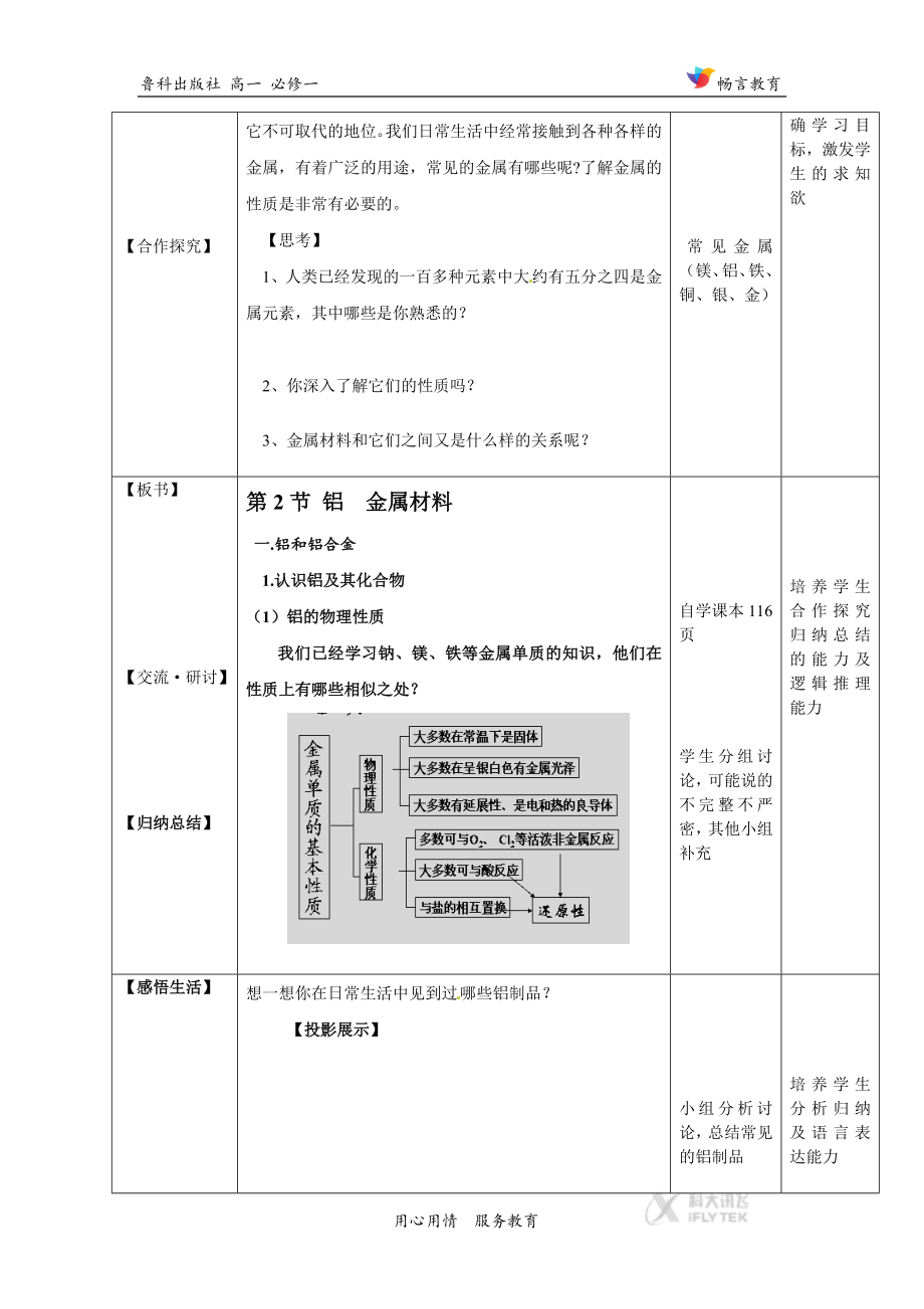 高中化学鲁科版必修14.2教学设计《铝金属材料》（鲁科）.docx