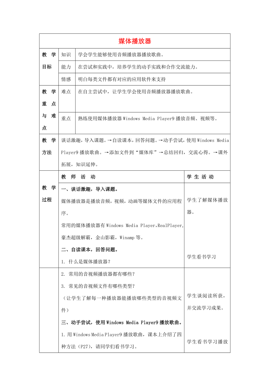四年级信息技术上册第二单元第9课《媒体播放器》教案冀教版冀教版小学四年级上册信息技术教案.doc