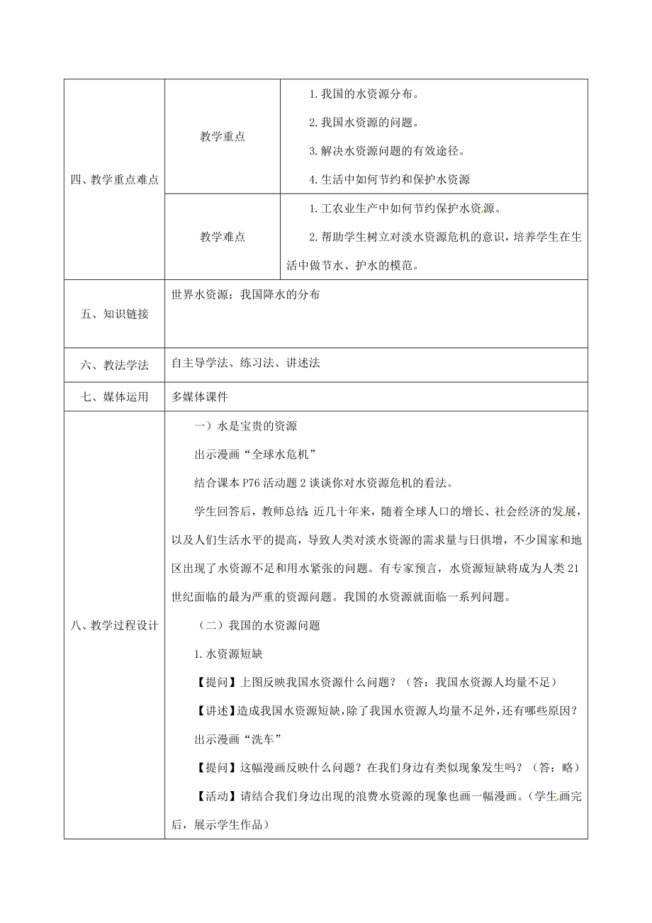 八年级地理上册第三章第三节水资源教案教案（新版）新人教版（新版）新人教版初中八年级上册地理教案.doc