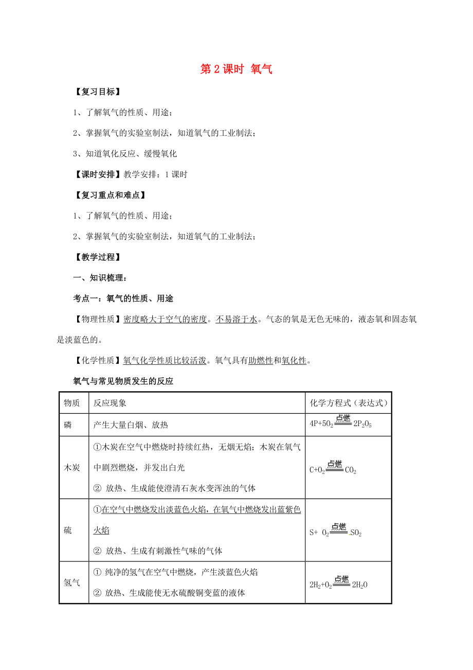 中考化学一轮复习第2课时氧气教案人教版初中九年级全册化学教案.doc