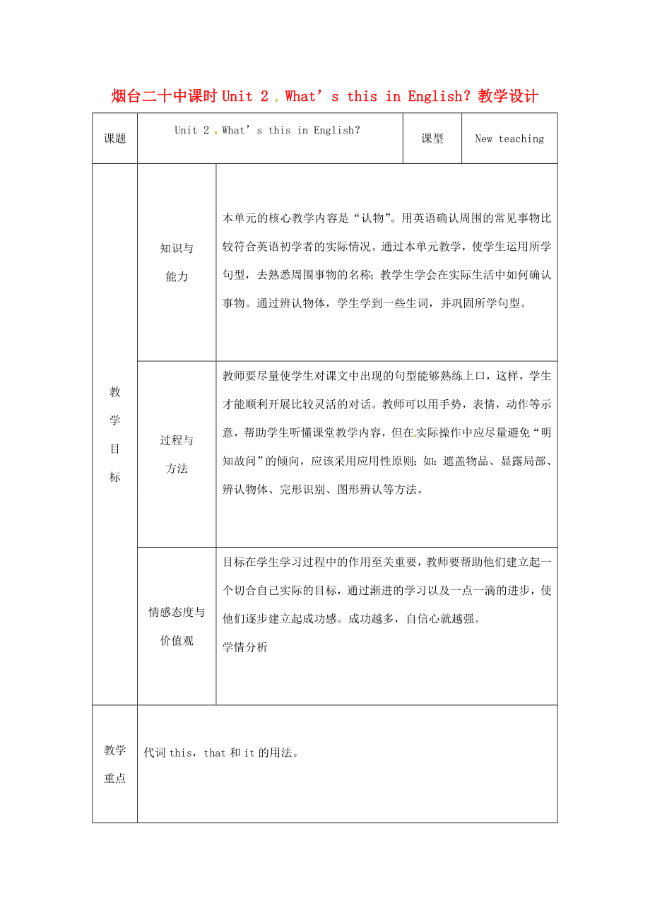 山东省烟台20中七年级英语《Unit2What’sthisinEnglish？》教学设计(1).doc