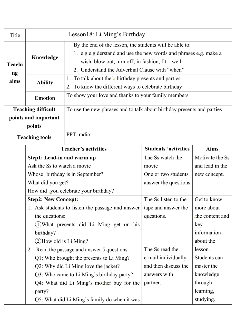 冀教版英语八年级上册Lesson18教案.doc