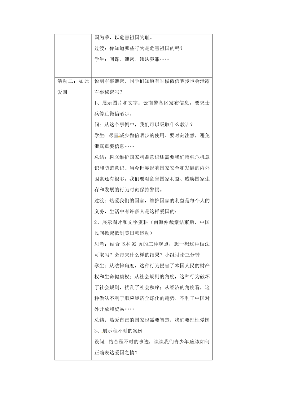 八年级道德与法治上册第四单元维护国家利益第八课国家利益至上第2框坚持国家利益至上教学设计新人教版新人教版初中八年级上册政治教案.DOC