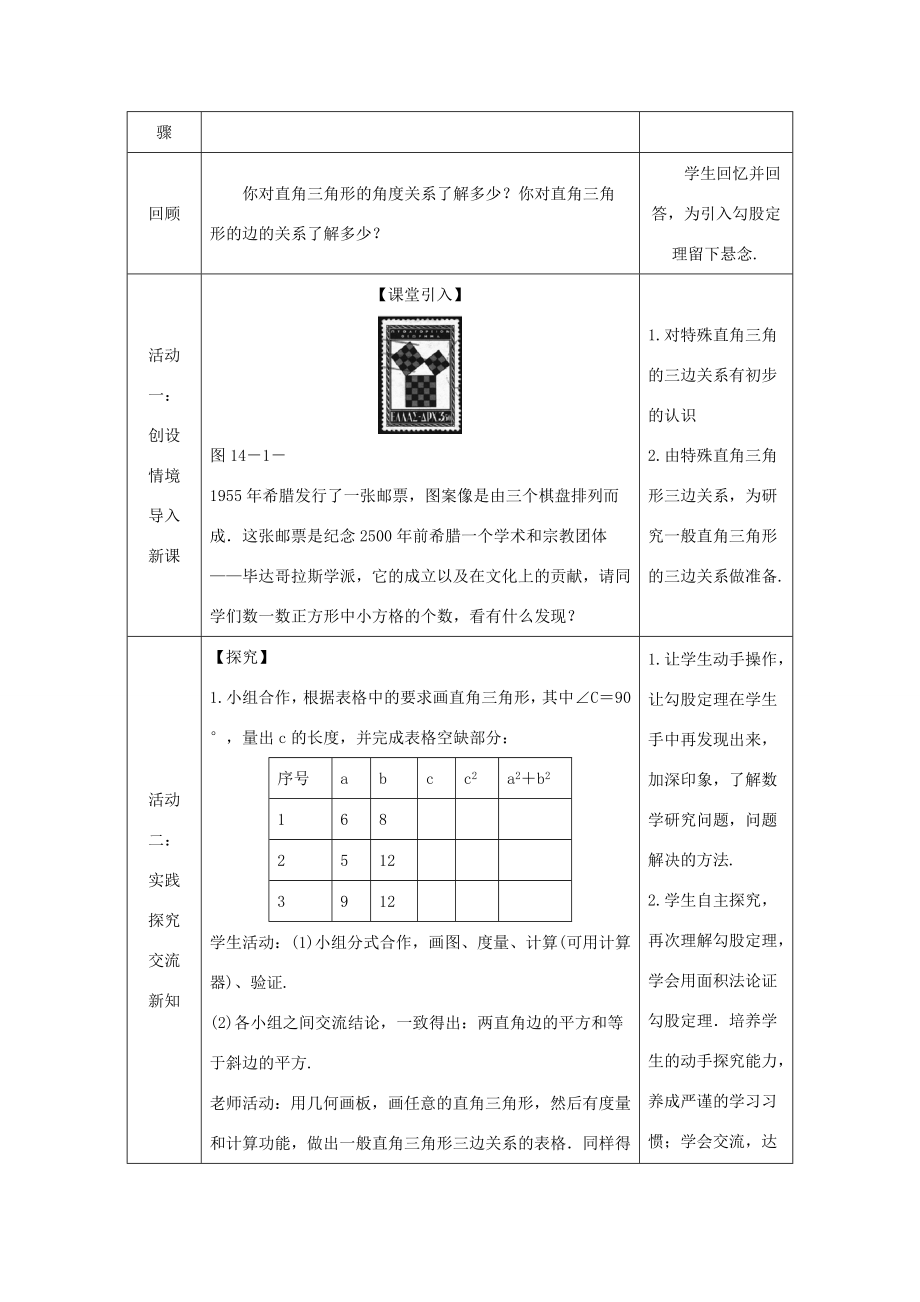 八年级数学上册第14章勾股定理14.1勾股定理14.1.1直角三角形的三边关系（第1课时）教案（新版）华东师大版（新版）华东师大版初中八年级上册数学教案.doc