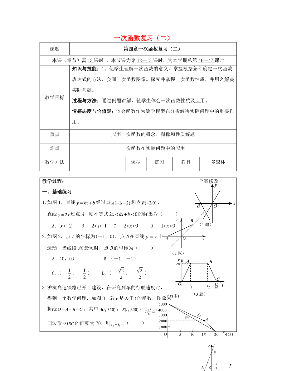 八年级数学下册第四章一次函数（二）复习教案（新版）湘教版.doc