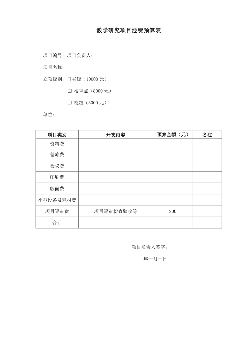 教学研究项目经费预算表.doc