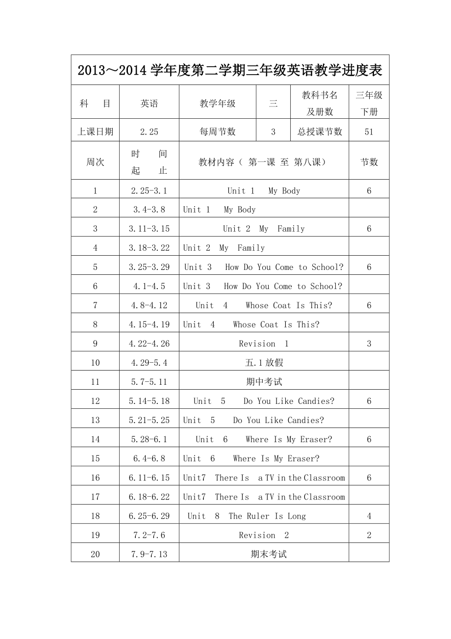 陕西旅游版三年级英语下册教学进度表.doc