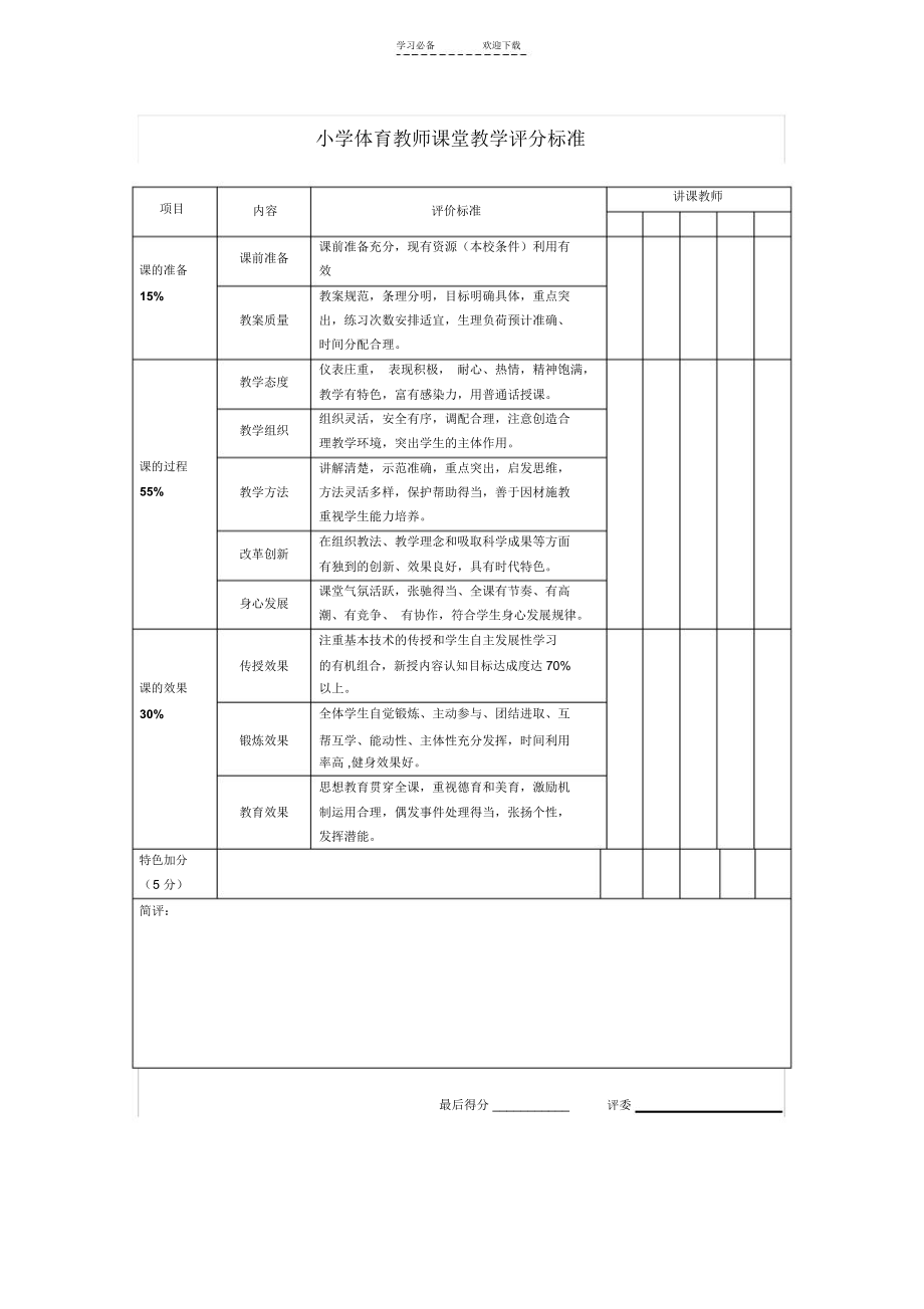 小学体育教师课堂教学评价量表.doc