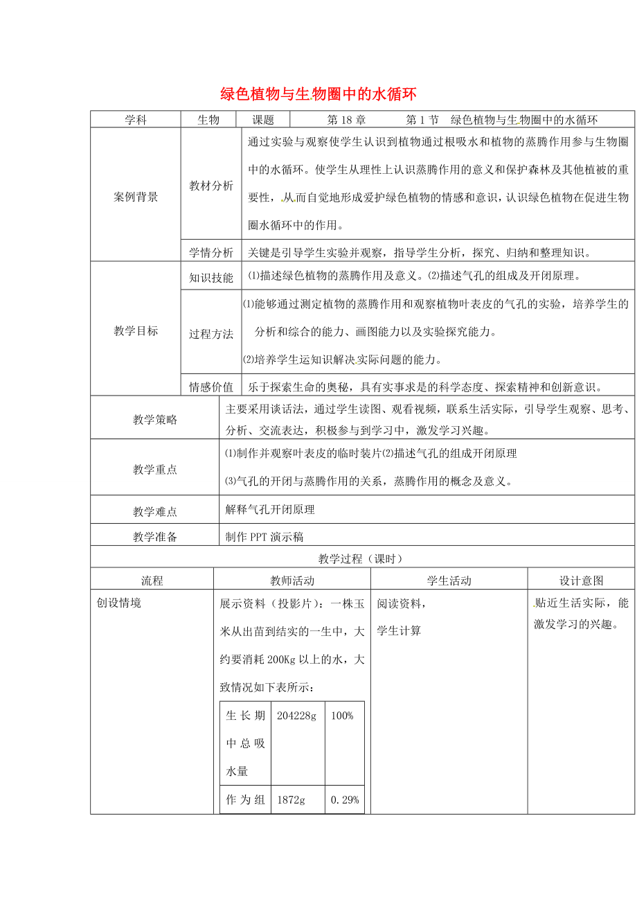 八年级生物上册第18章第1节绿色植物与生物圈中的水循环教案（新版）苏科版（新版）苏科版初中八年级上册生物教案.doc