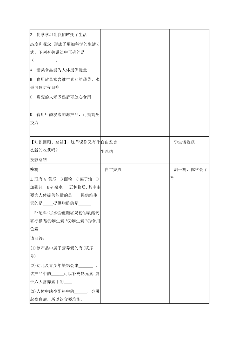 初中九年级化学下册12.1人类重要的营养物质教案（新版）新人教版（新版）新人教版初中九年级下册化学教案.doc