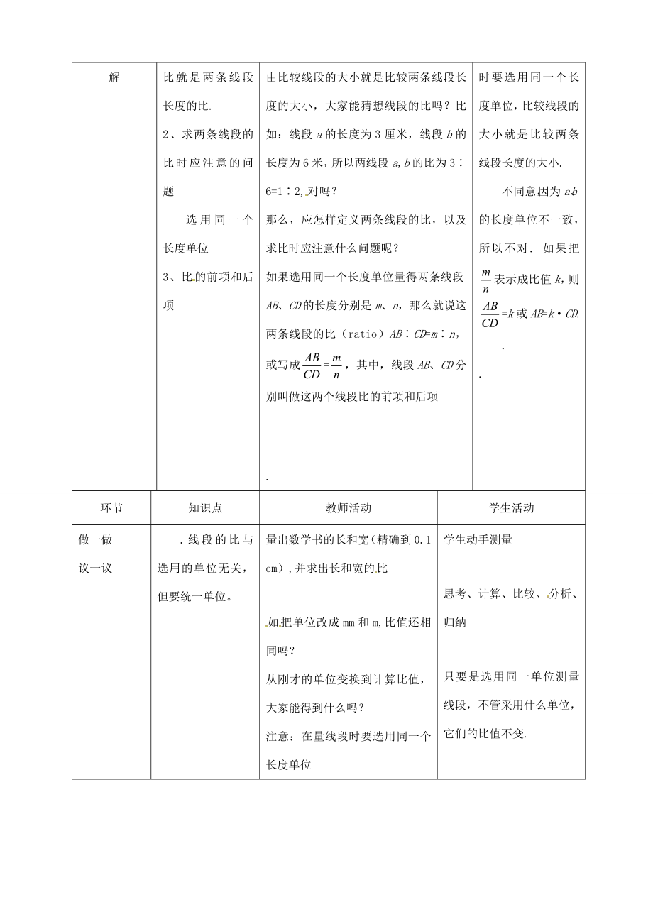 八年级数学上册2.1线段的比教案鲁教版.doc