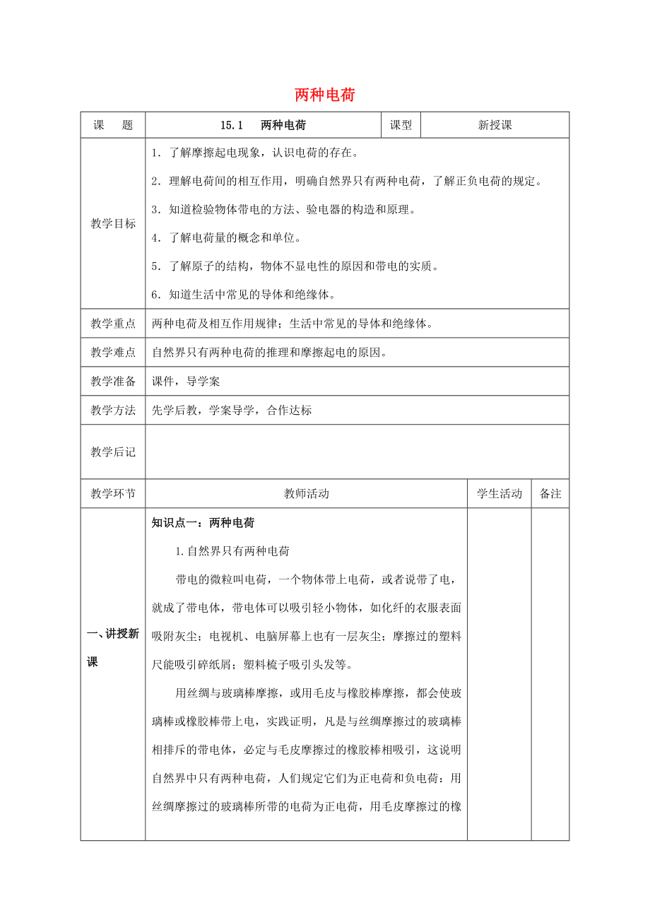 北大绿卡九年级物理全册第15章电流和电路第1节两种电荷教案（新版）新人教版（新版）新人教版初中九年级全册物理教案.doc