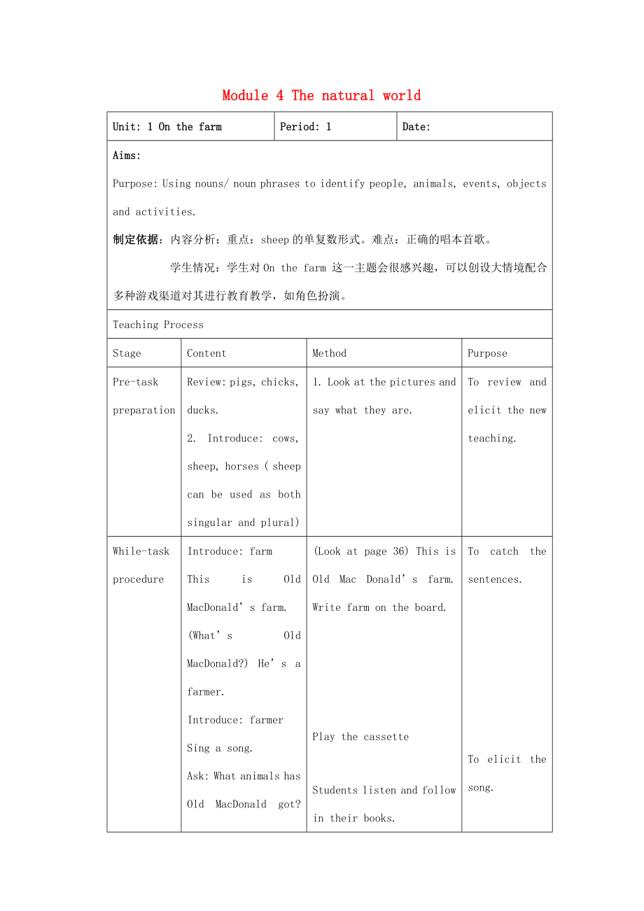 四年级英语上册Module4Unit1Onthefarm（period1）教案沪教牛津版沪教牛津版小学四年级上册英语教案.doc