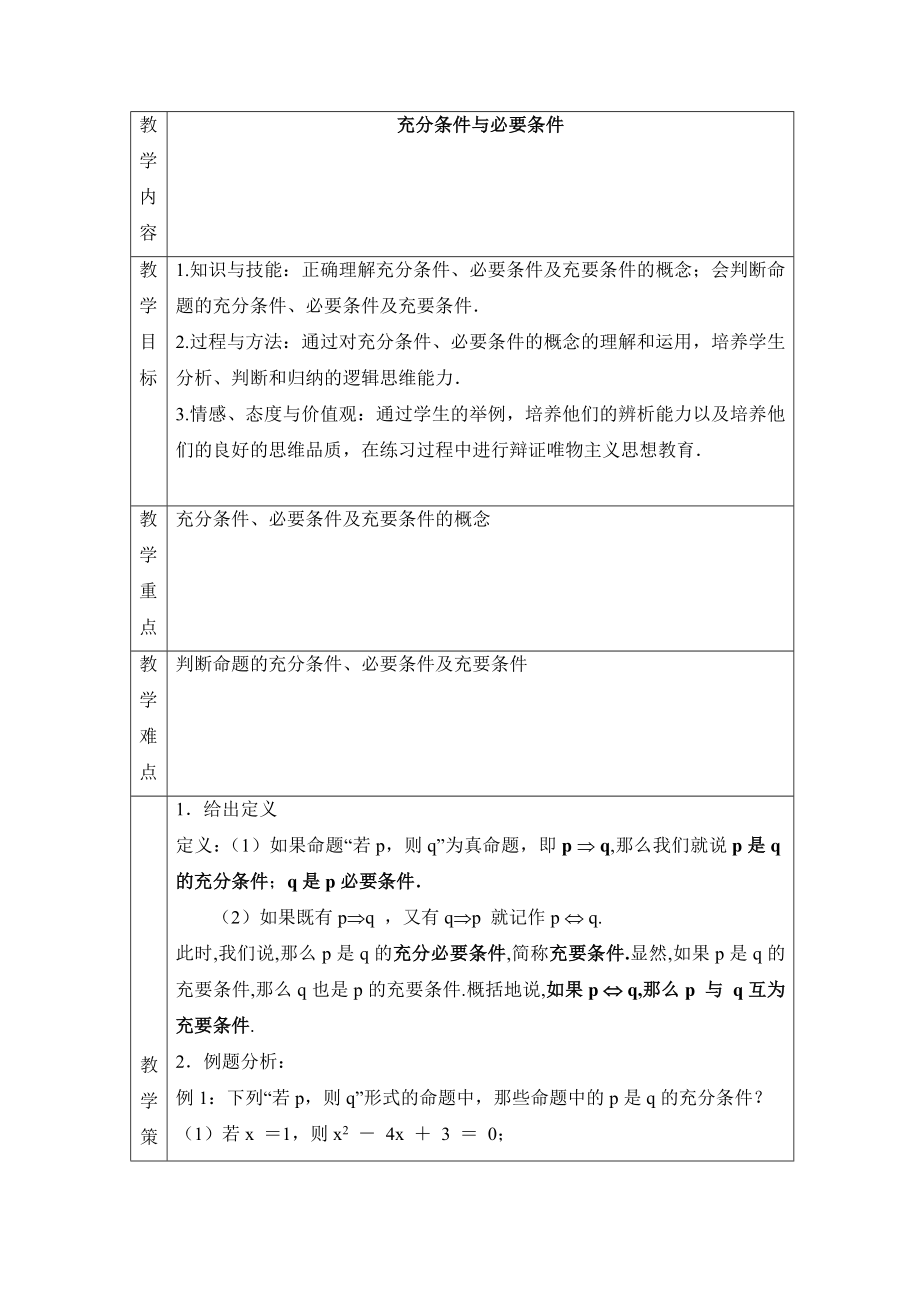 人教版高中数学选修（21）1.2《充分条件与必要条件》参考教案4.doc