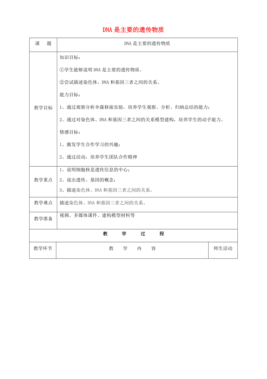 八年级生物下册第八单元生物的生殖、发育与遗传第二十二章生物的遗传和变异第一节DNA是主要的遗传物质教案1（新版）苏教版（新版）苏教版初中八年级下册生物教案.doc