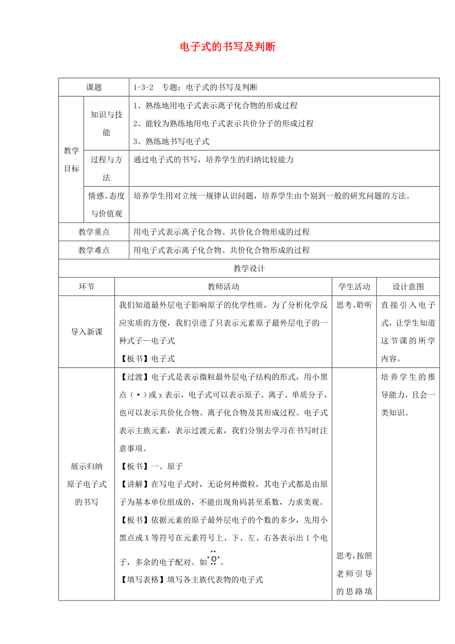 高一化学1.3.2专题电子式的书写及判断教学设计.doc