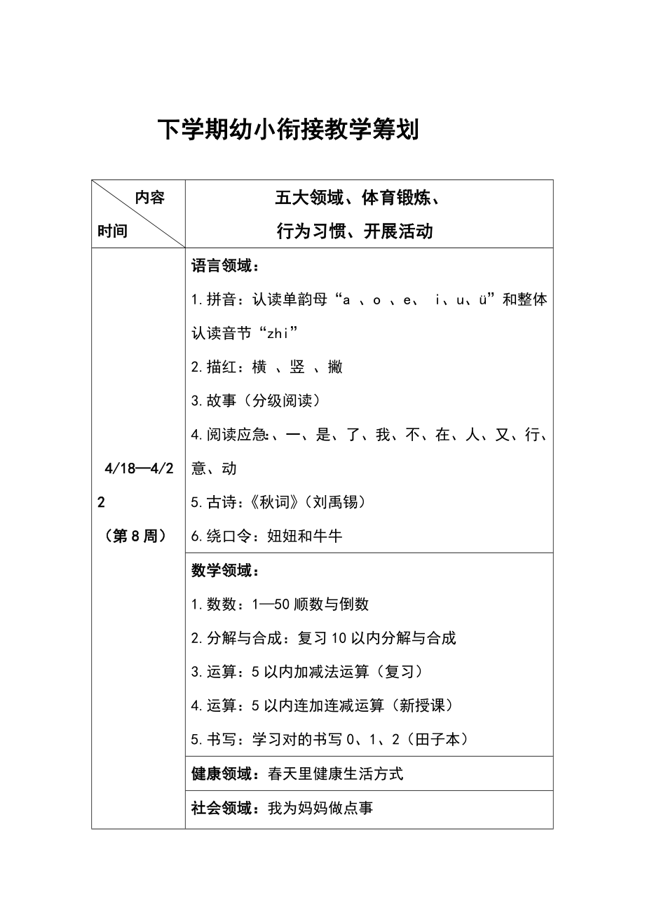 幼小衔接教学专题计划清单.doc