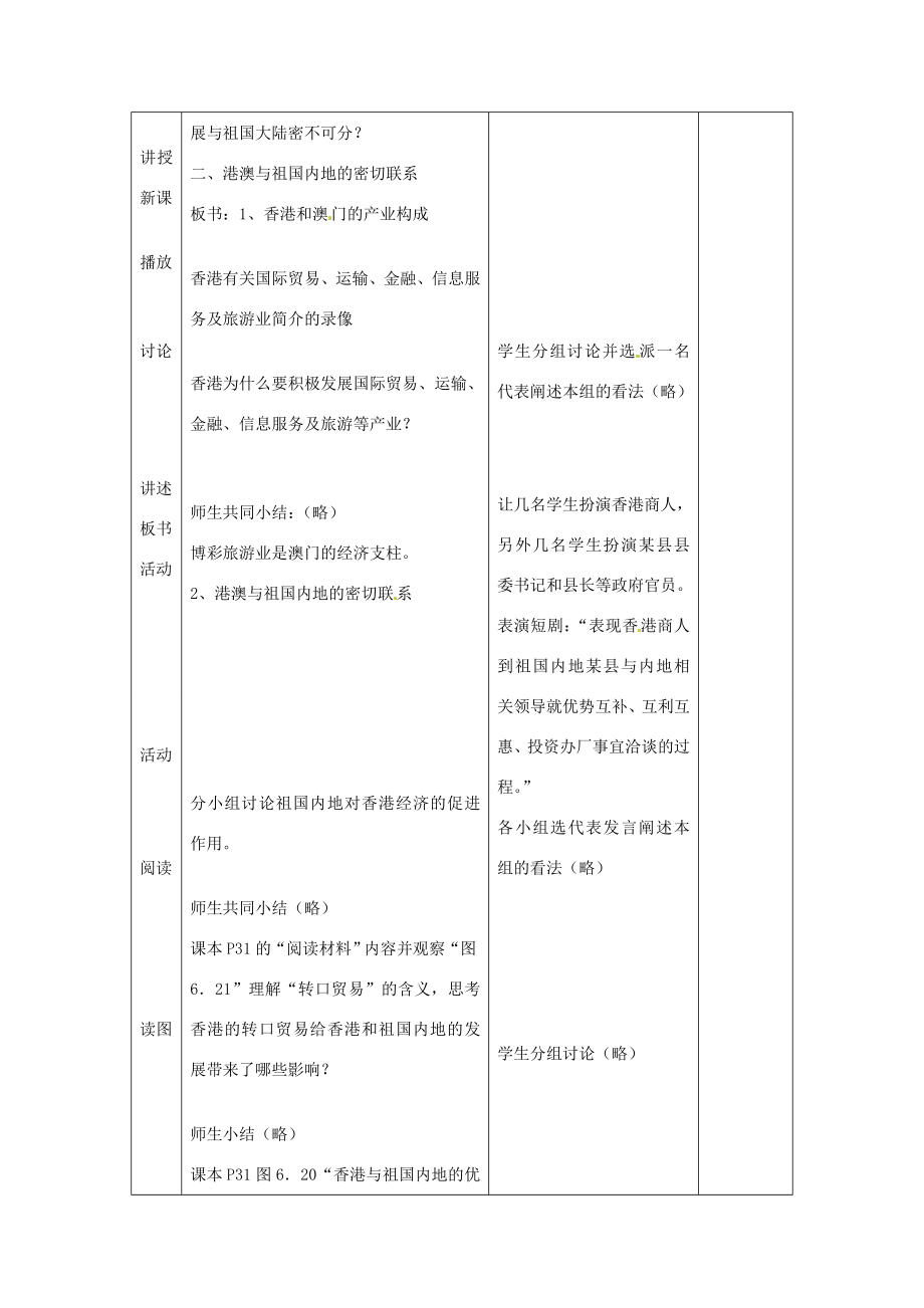 八年级地理下册第六章第二节《特别行政区—香港和澳门》教案（2）新人教版.doc