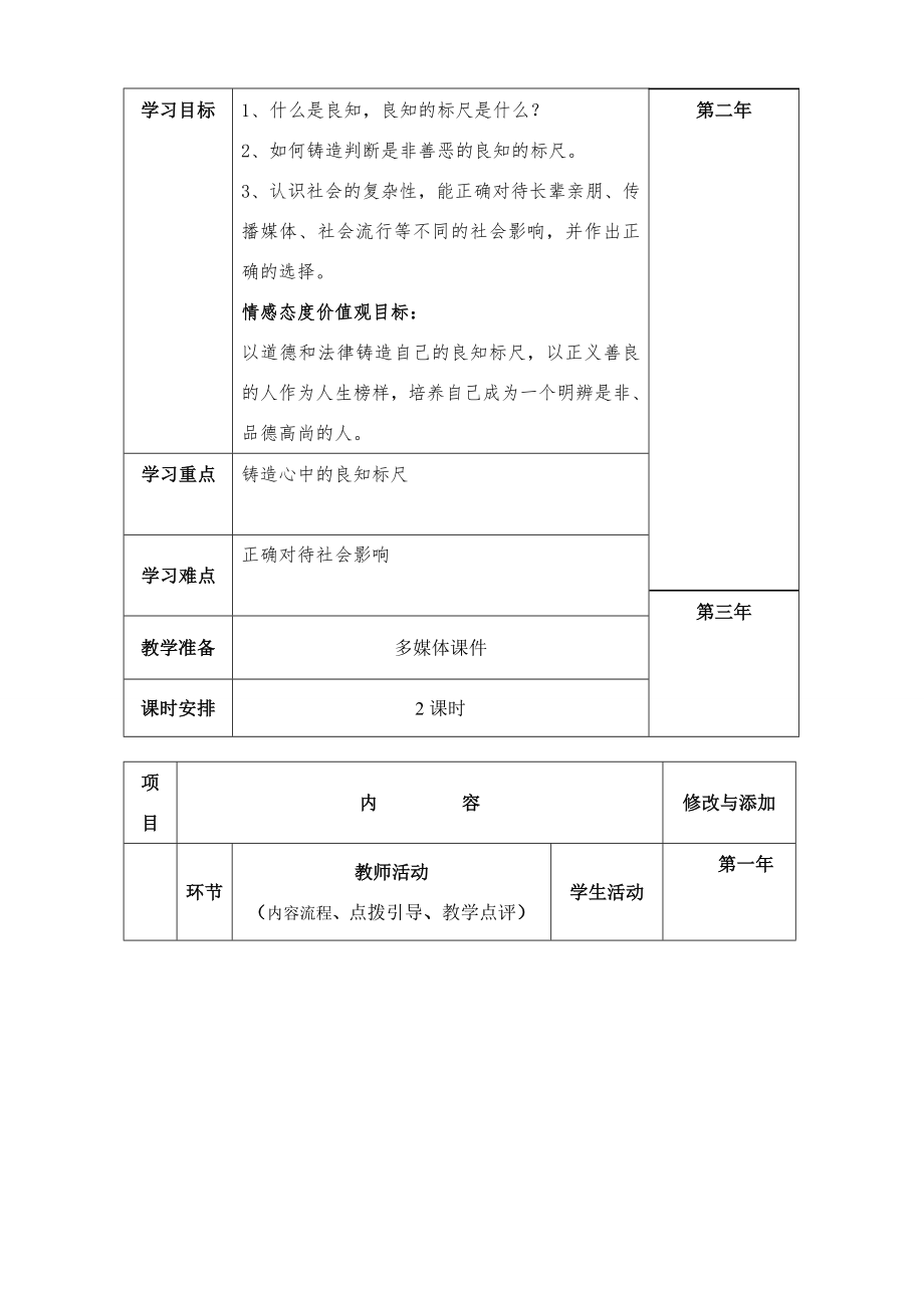 八年级政治1.2明辨是非（2课时）教案.doc