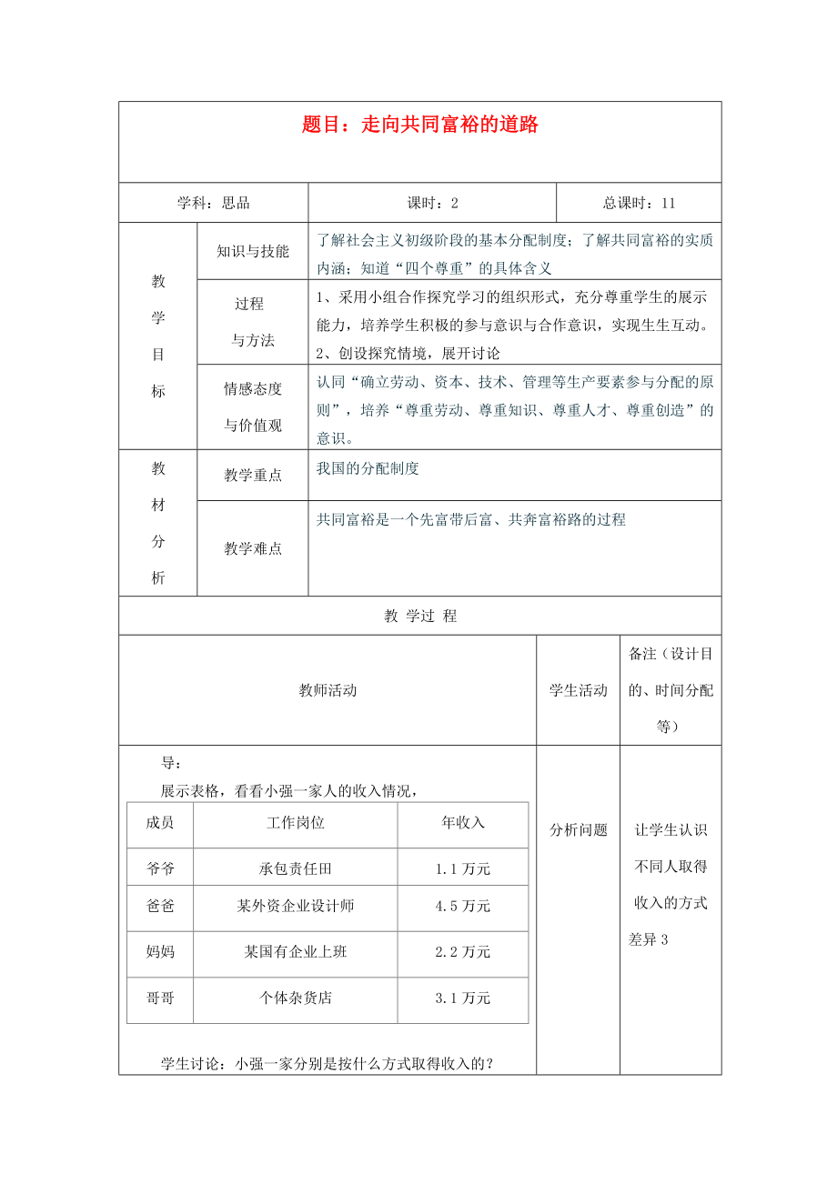 吉林省四平市第十七中学九年级政治全册《第七课第二框走向共同富裕的道路》教案新人教版.doc