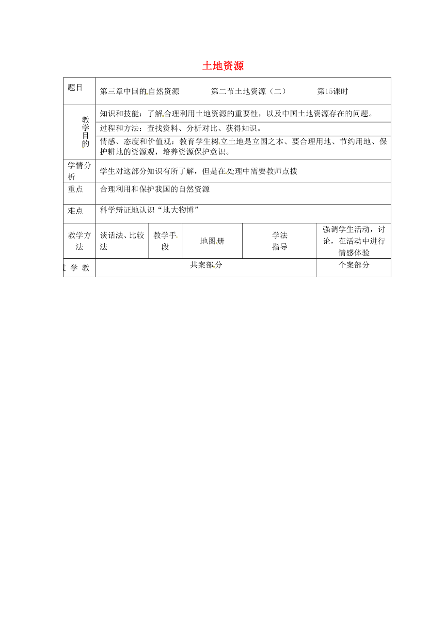 八年级地理上册3.2土地资源教案（2）新人教版新人教版初中八年级上册地理教案.doc