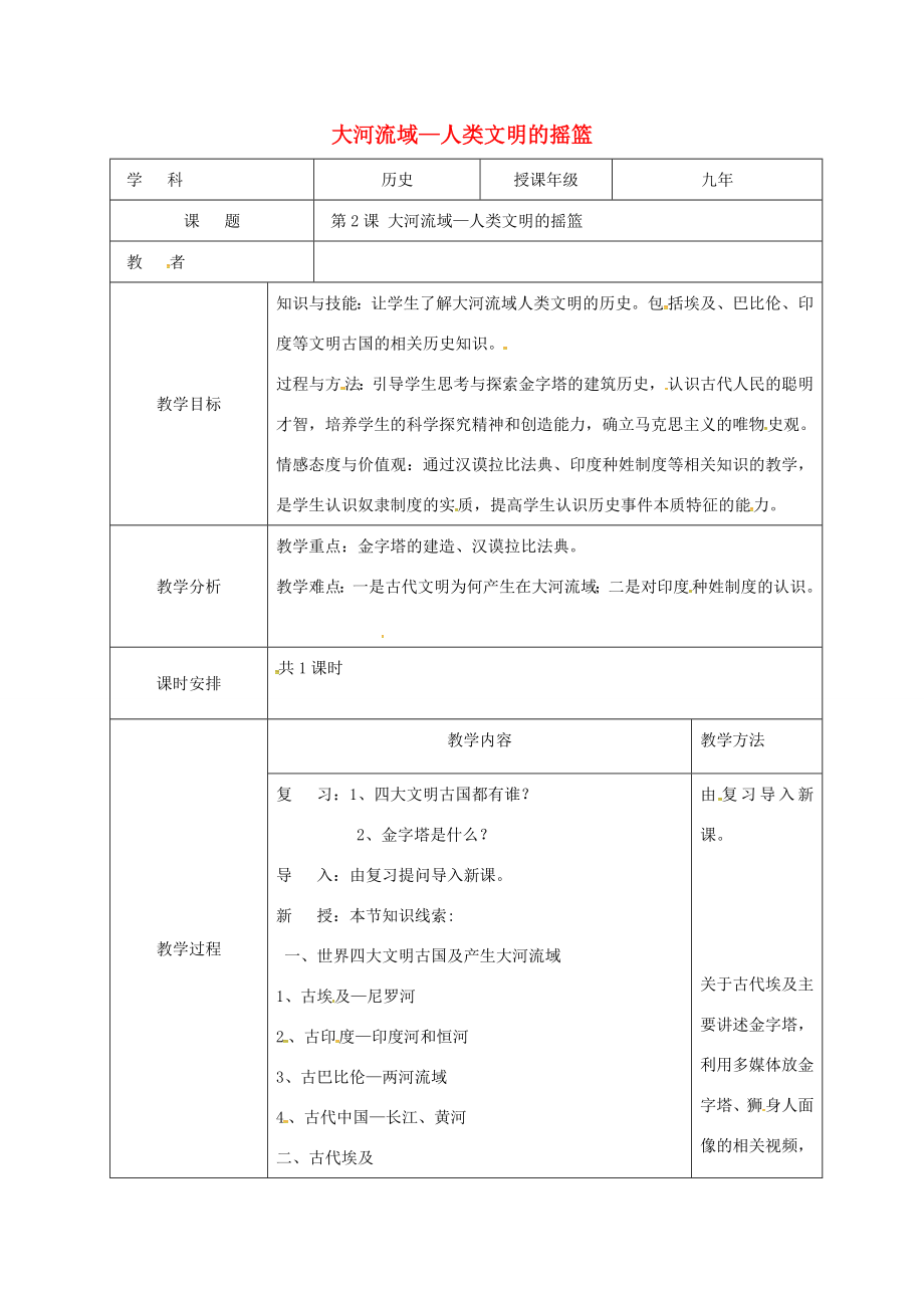 吉林省长春九年级历史上册第2课大河流域—人类文明的摇篮教案新人教版新人教版初中九年级上册历史教案.doc