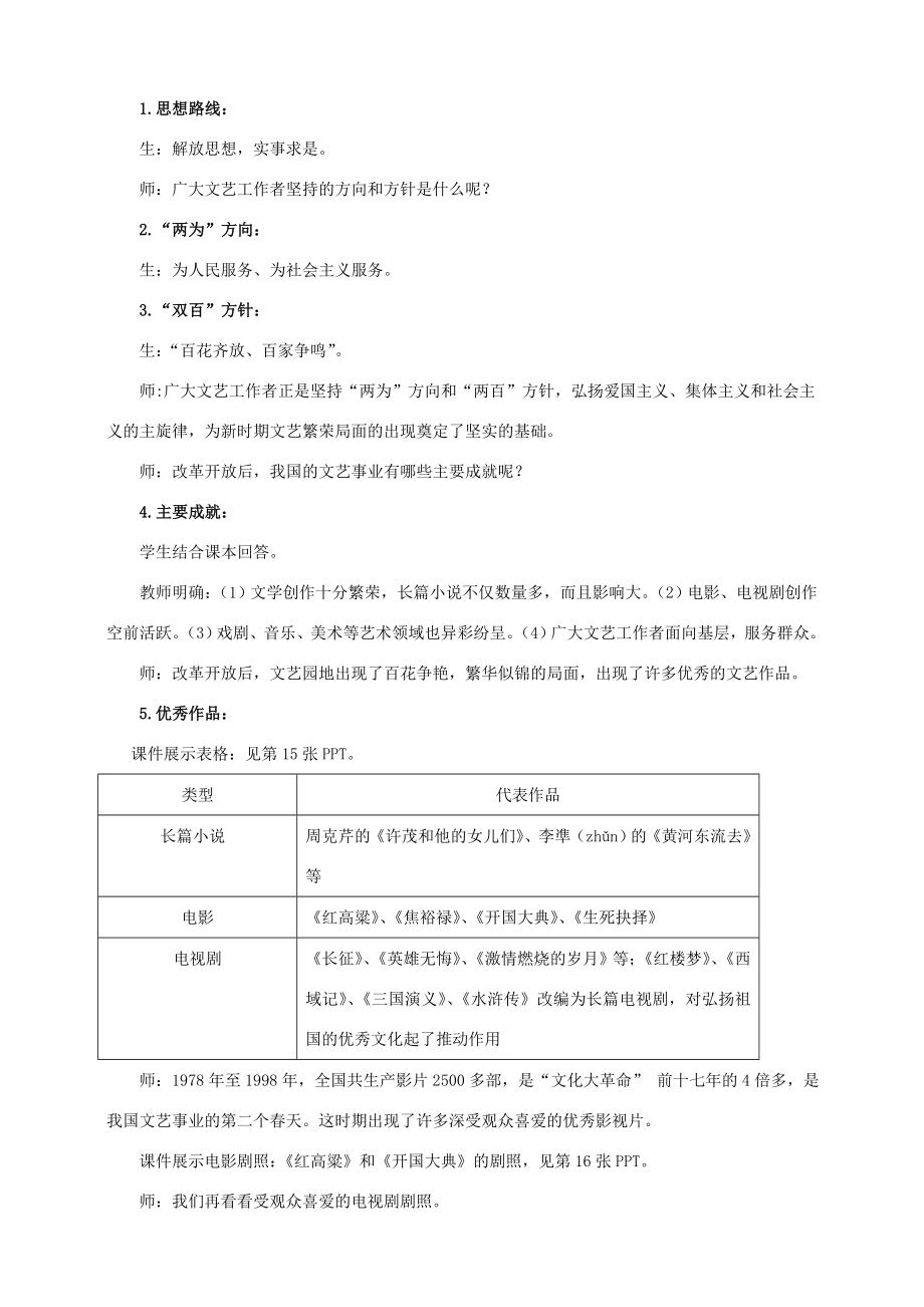 八年级历史下册第六学习主题科技、教育与文化第19课《百花争艳的文艺园地》教案2川教版川教版初中八年级下册历史教案.doc