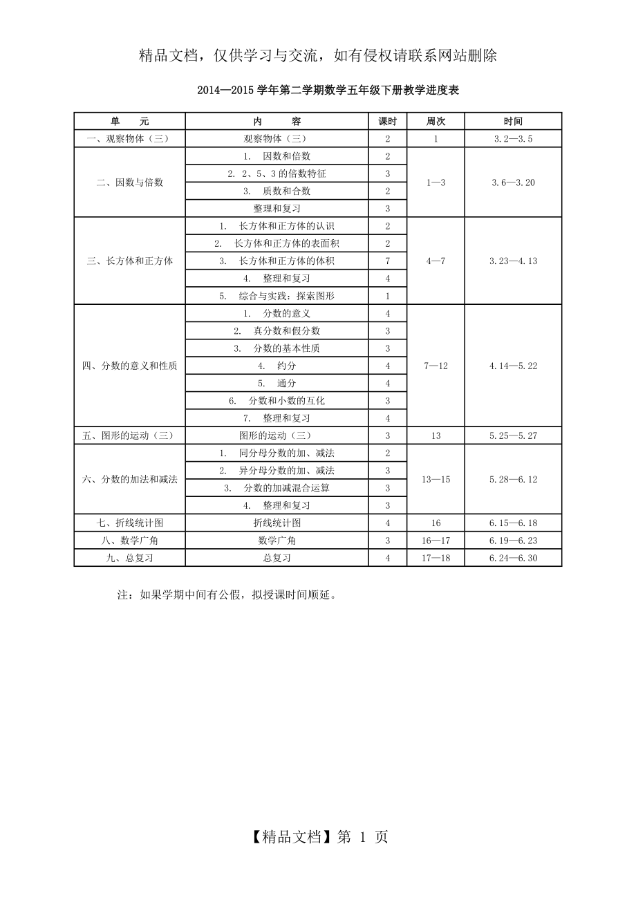 最新人教版五年级数学下册教学进度表.doc