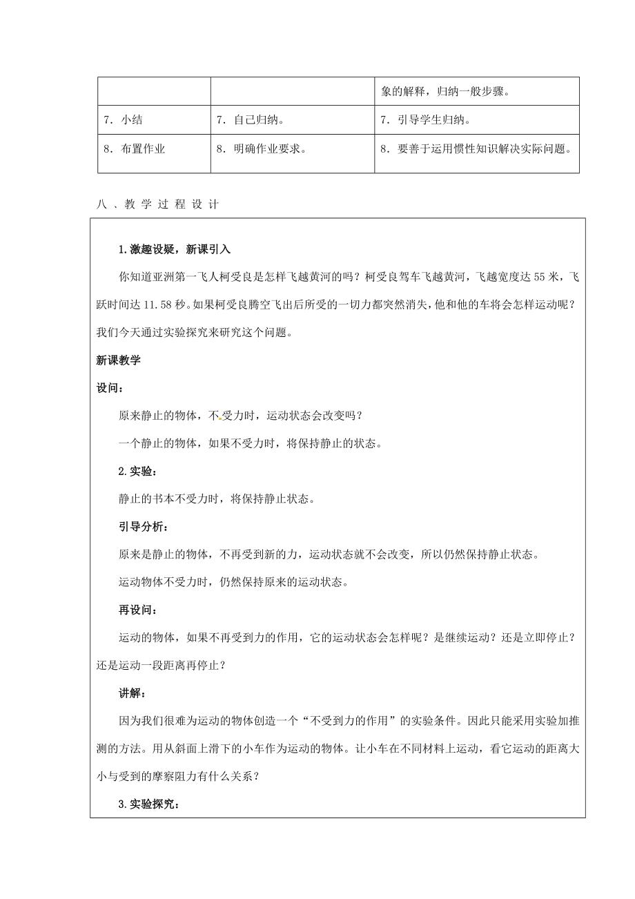 山东省惠东县白花镇第一中学八年级物理下册《7.3探究物体不受力时怎样运动》教学设计粤教沪版.doc