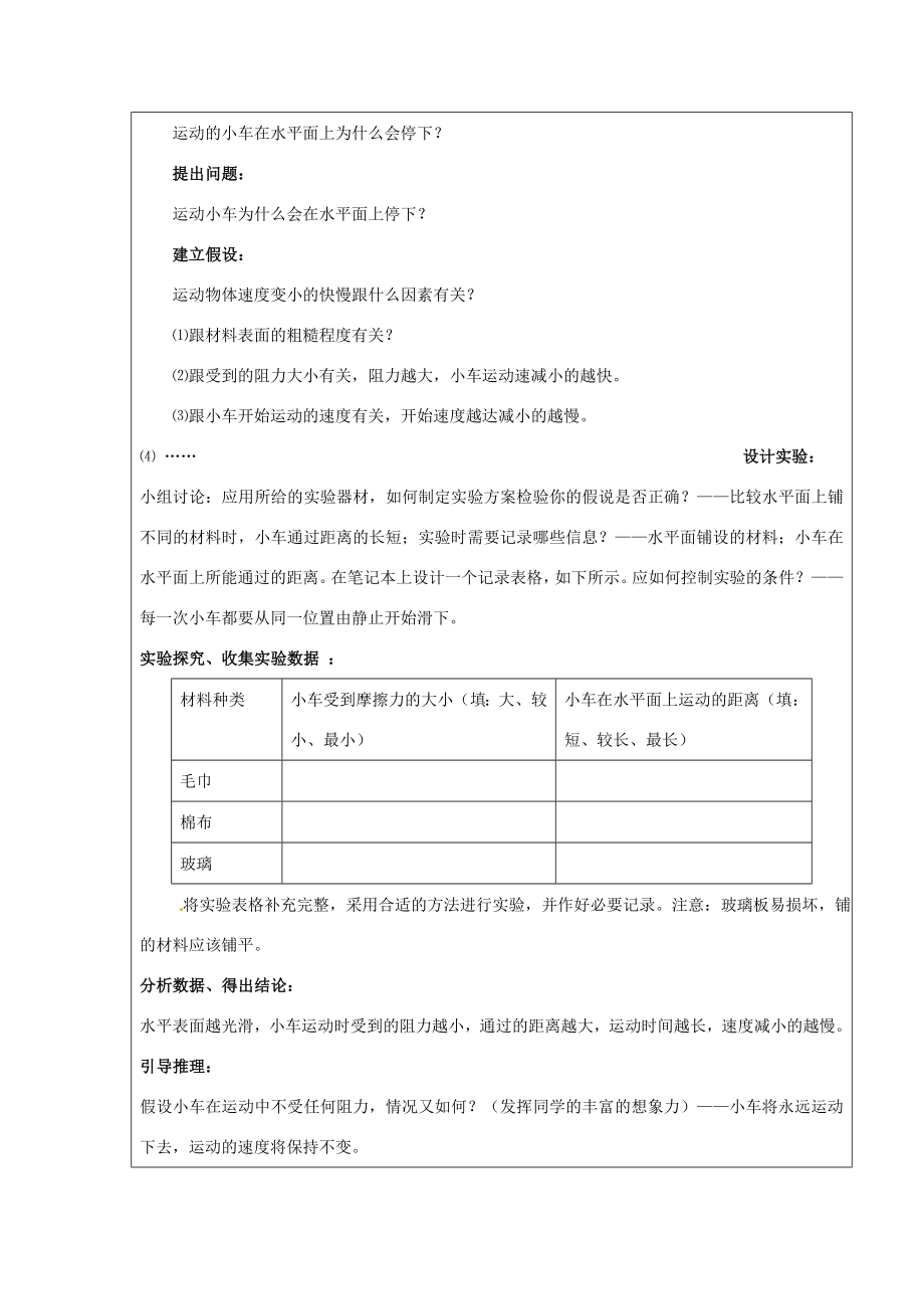 山东省惠东县白花镇第一中学八年级物理下册《7.3探究物体不受力时怎样运动》教学设计粤教沪版.doc