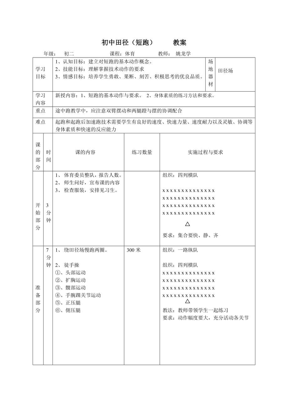 初中田径短跑第一课时教案.doc