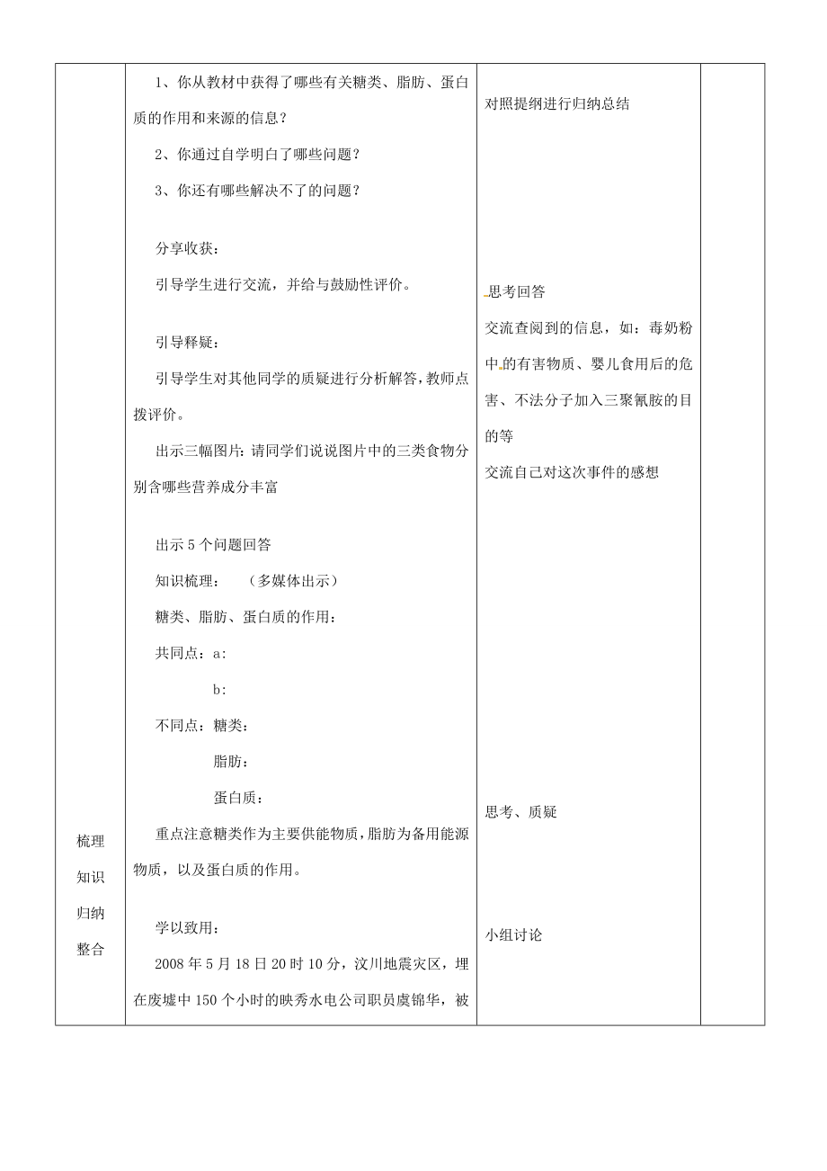 山东省临沂市蒙阴县第四中学七年级生物下册4.2.1食物中的营养物质教案1（新版）新人教版.doc