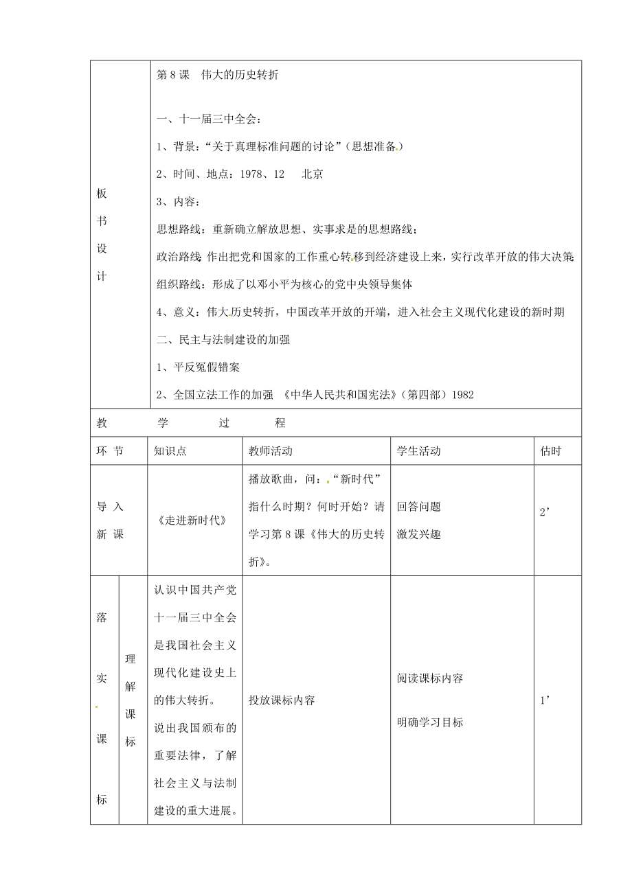 山东省临沭县第三初级中学八年级历史下册《第8课伟大的历史下册转折》教案新人教版.doc