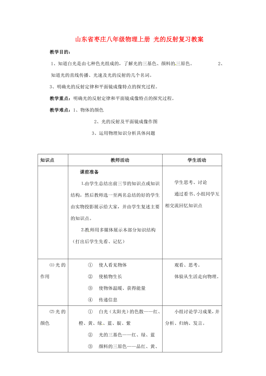 山东省枣庄八年级物理上册光的反射复习教案.doc