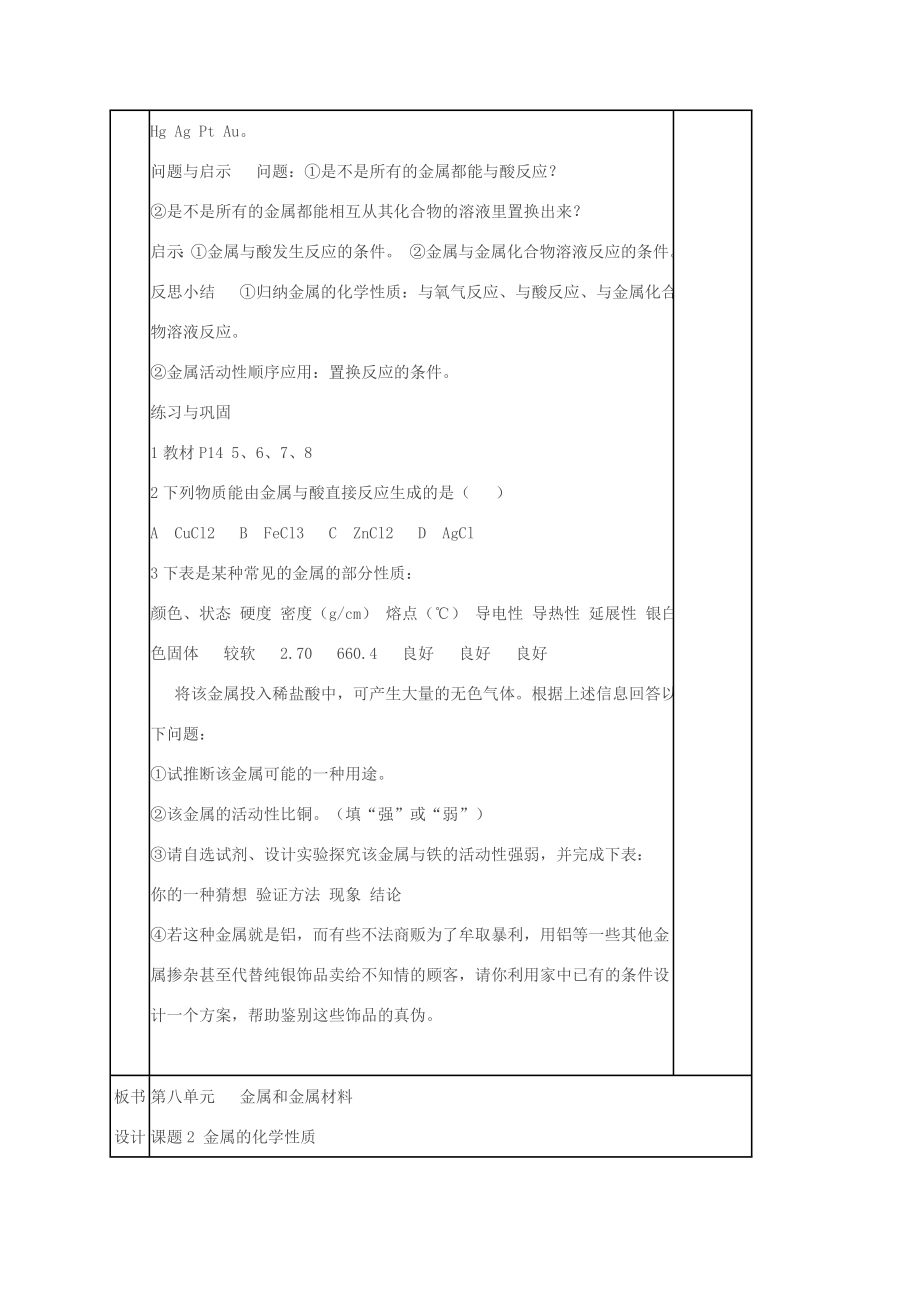 春九年级化学下册第八单元金属和金属材料课题2金属的化学性质教案新人教版新人教版初中九年级下册化学教案.doc