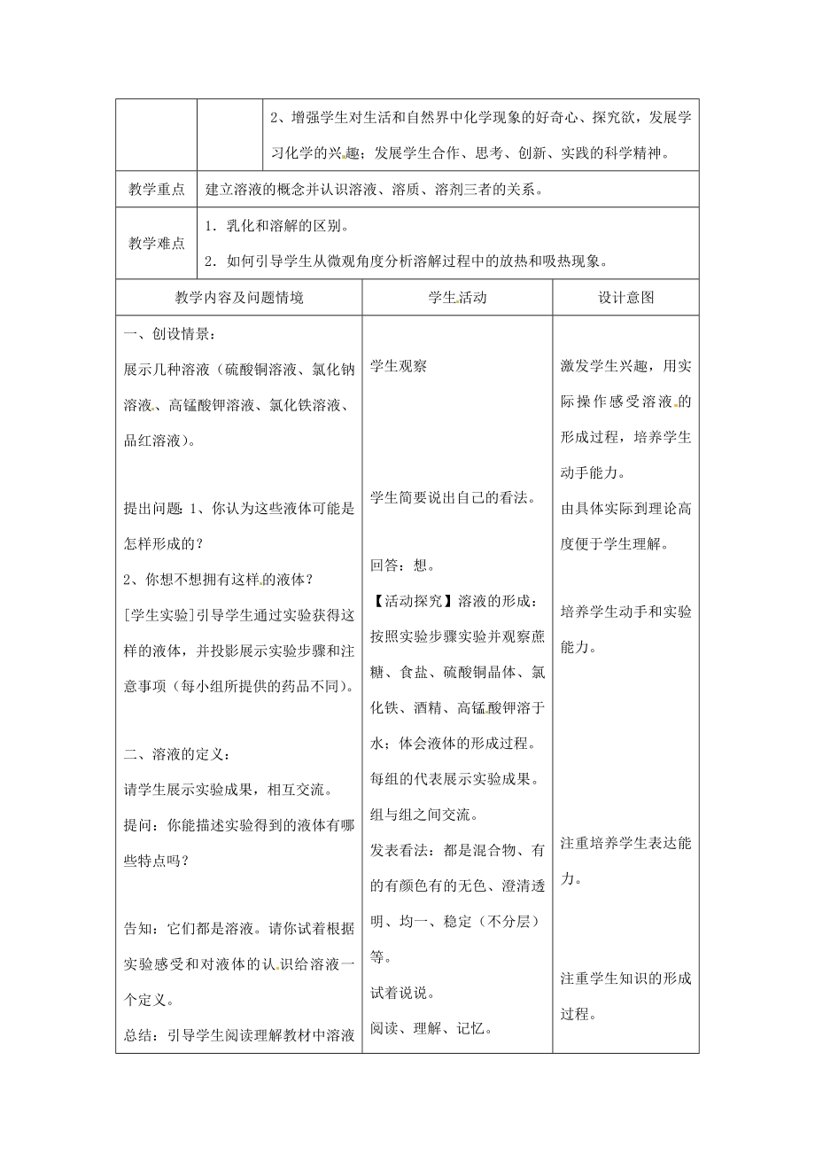 广东省韶关四中九年级化学《溶液的形成》教案.doc