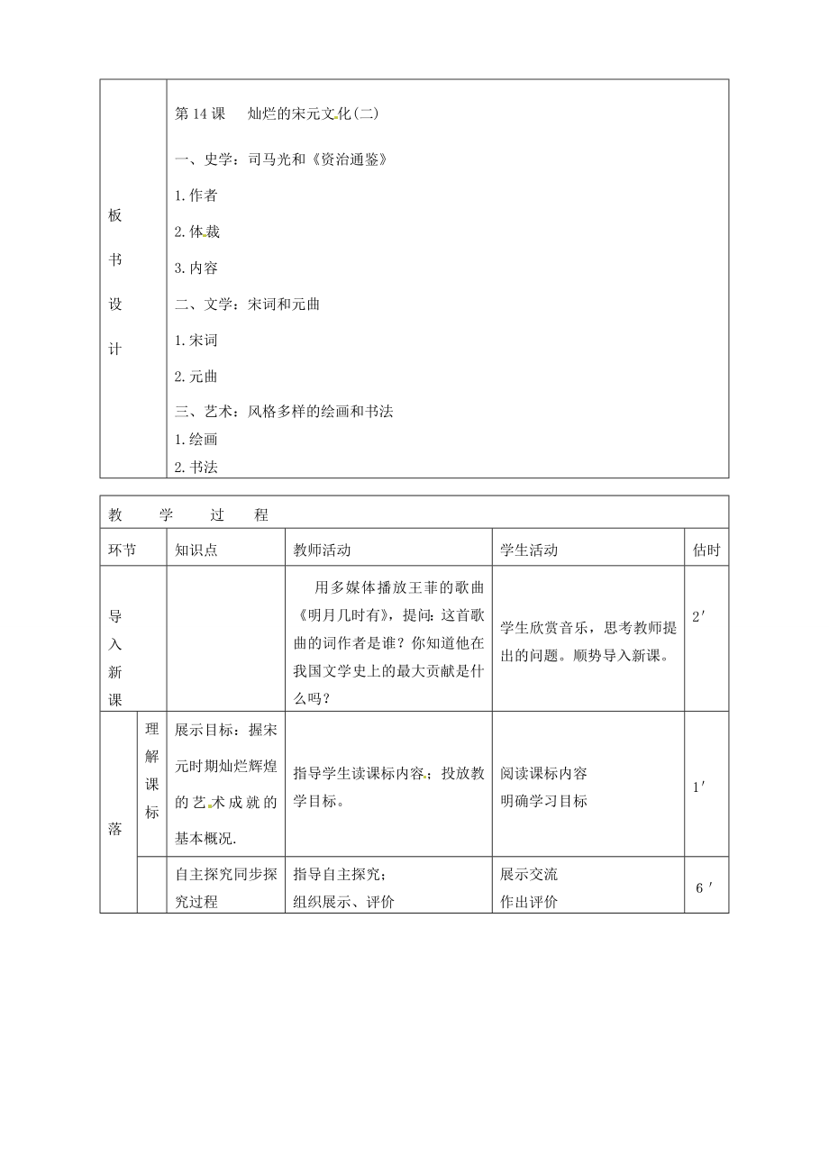 山东省临沭县第三初级中学七年级历史下册《第14课灿烂的宋元文化（二）》教案新人教版.doc