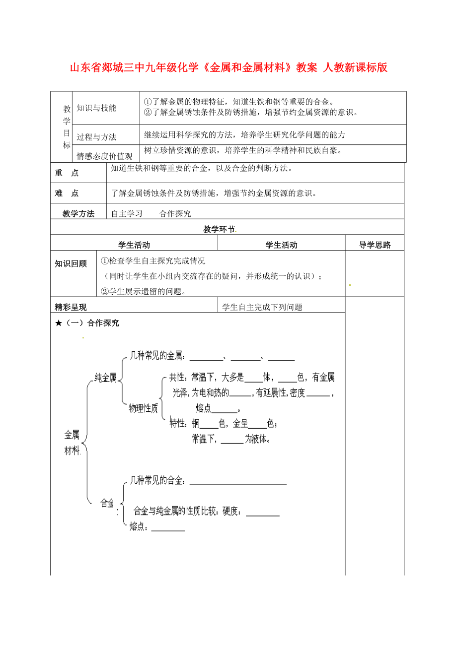 山东省郯城三中九年级化学《金属和金属材料》教案人教新课标版.doc